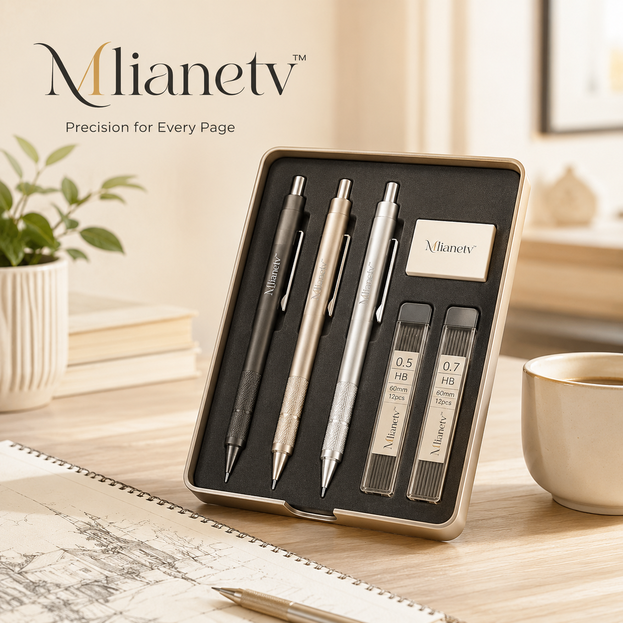 Mlianetv™ Precision Mechanical Pencil Kit — 3-Pencil Writing & Drafting Set with Lead Refills and Erasers
